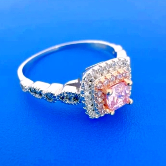 925 Silver Pave Set Square Cut Lab Created Pink Stone Cocktail Ring Size 7 - Picture 2 of 6